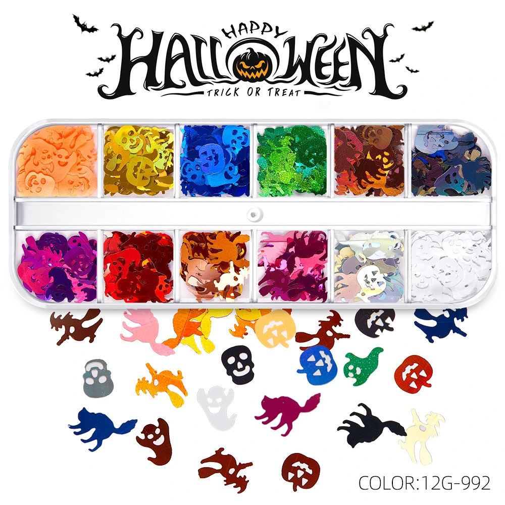 Nail Art Decorations 12 Grids Mixed Design DIY Decoration Pumpkin Ghost Cat Spider Skeleton Halloween Nail Sequins